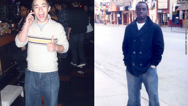 Regis Murayi, right, is seen after he got rejected by a bar over his jeans, and Jordan Roberts wears Regis' jeans inside the bar.